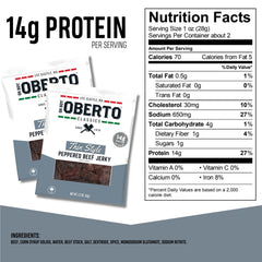 Oberto Classics Thin Style peppered jerky slice closeup highlighting texture and lean protein.