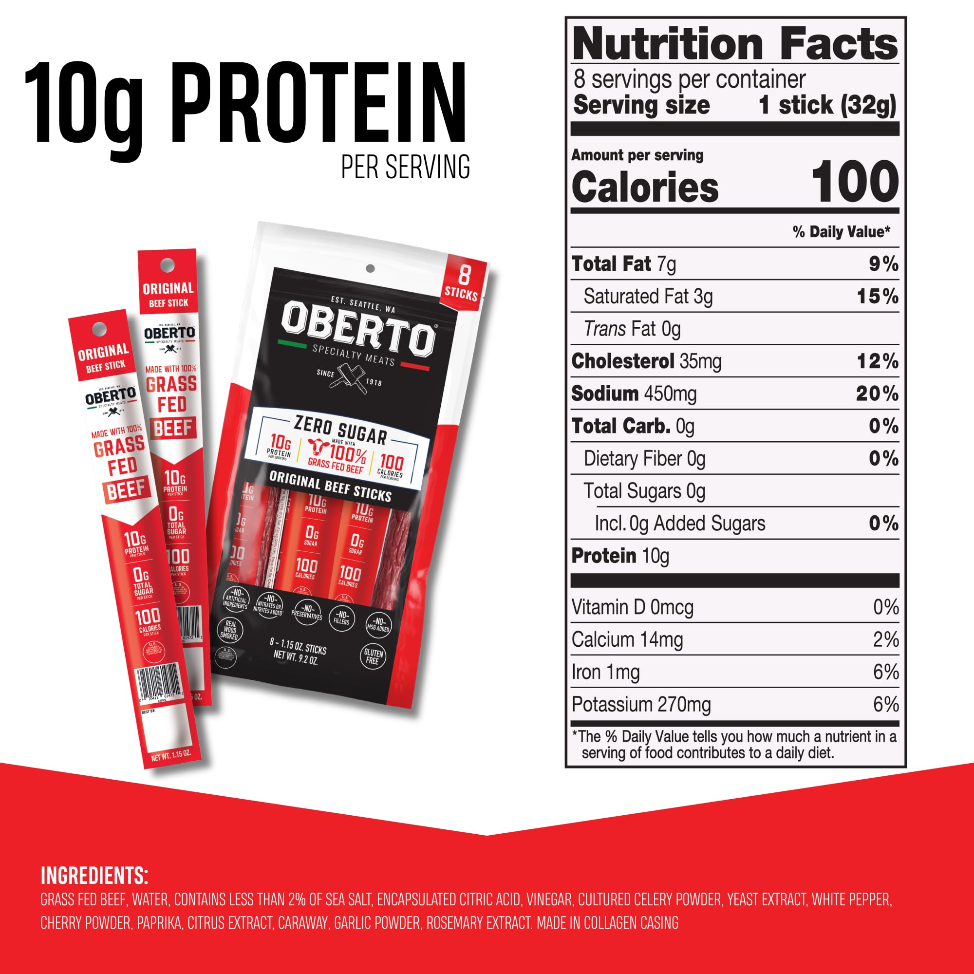 Oberto Grass Fed Beef Sticks individually wrapped for on-the-go snacking.