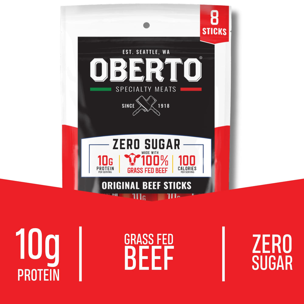 Oberto Grass Fed Beef Sticks wood-smoked for bold flavor.