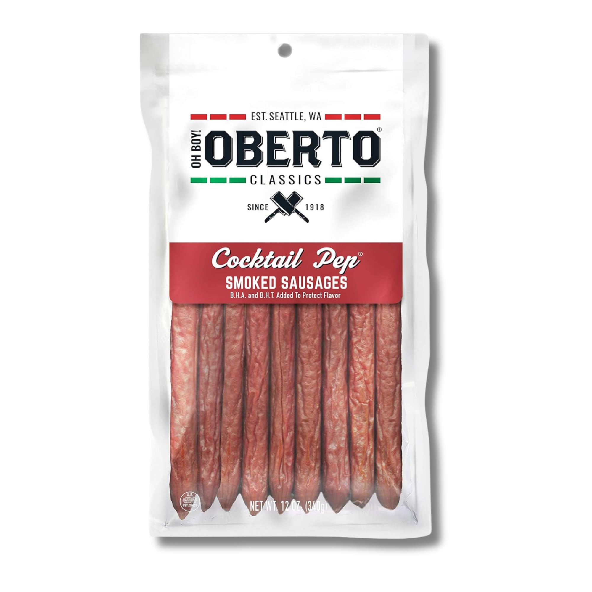 Oberto Oh Boy Classics Cocktail Pep Smoked Sausages 12oz package showing smoky bites and legacy flavor.