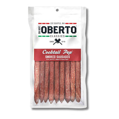Oberto Oh Boy Classics Cocktail Pep Smoked Sausages 12oz package showing smoky bites and legacy flavor.