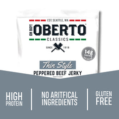 Close-up of Oberto Jerky with glossy pepper glaze