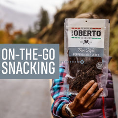 Resealable Oberto jerky pack for travel and workouts