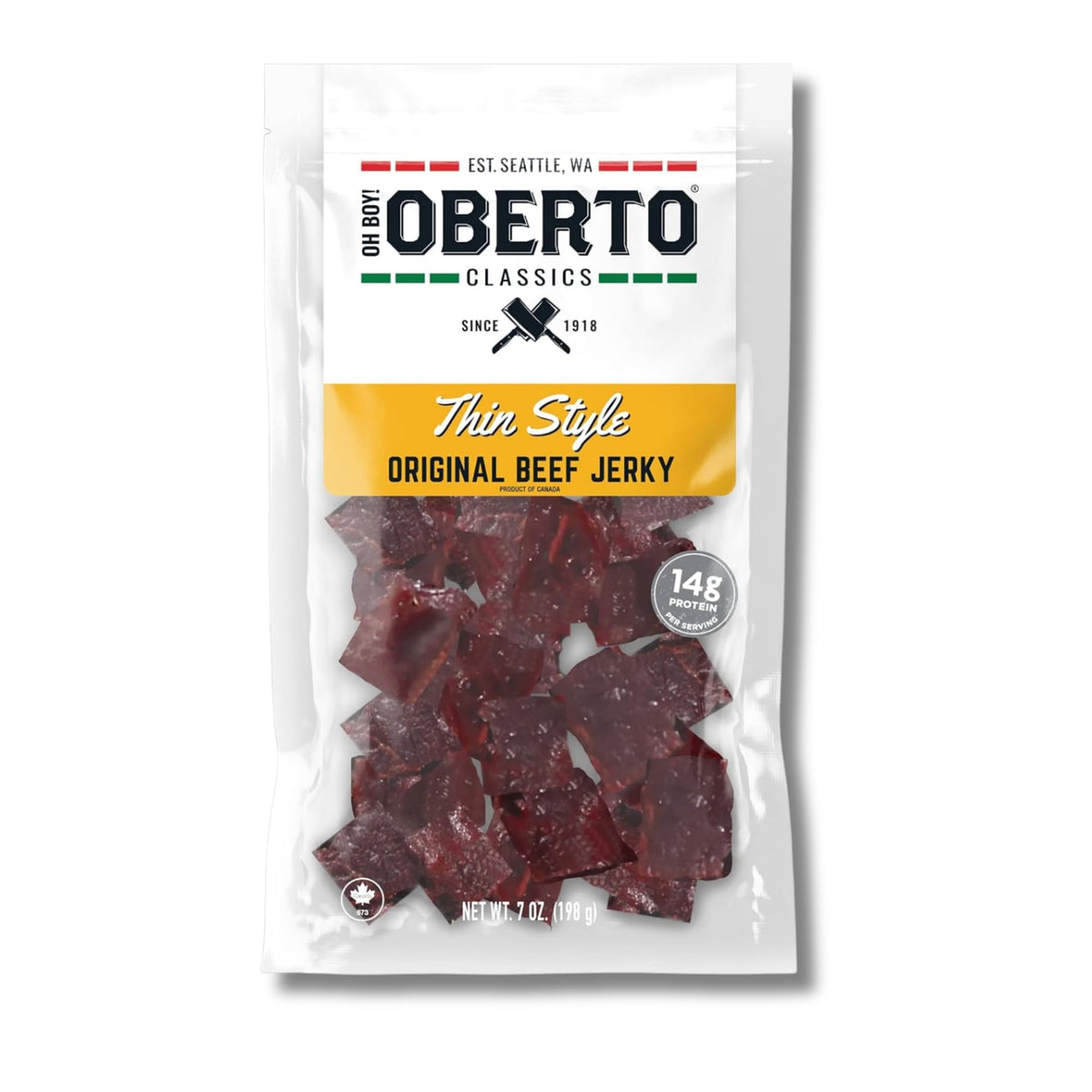 Oberto Oh Boy Thin Style Original Jerky packaging close-up highlighting premium, on-the-go protein