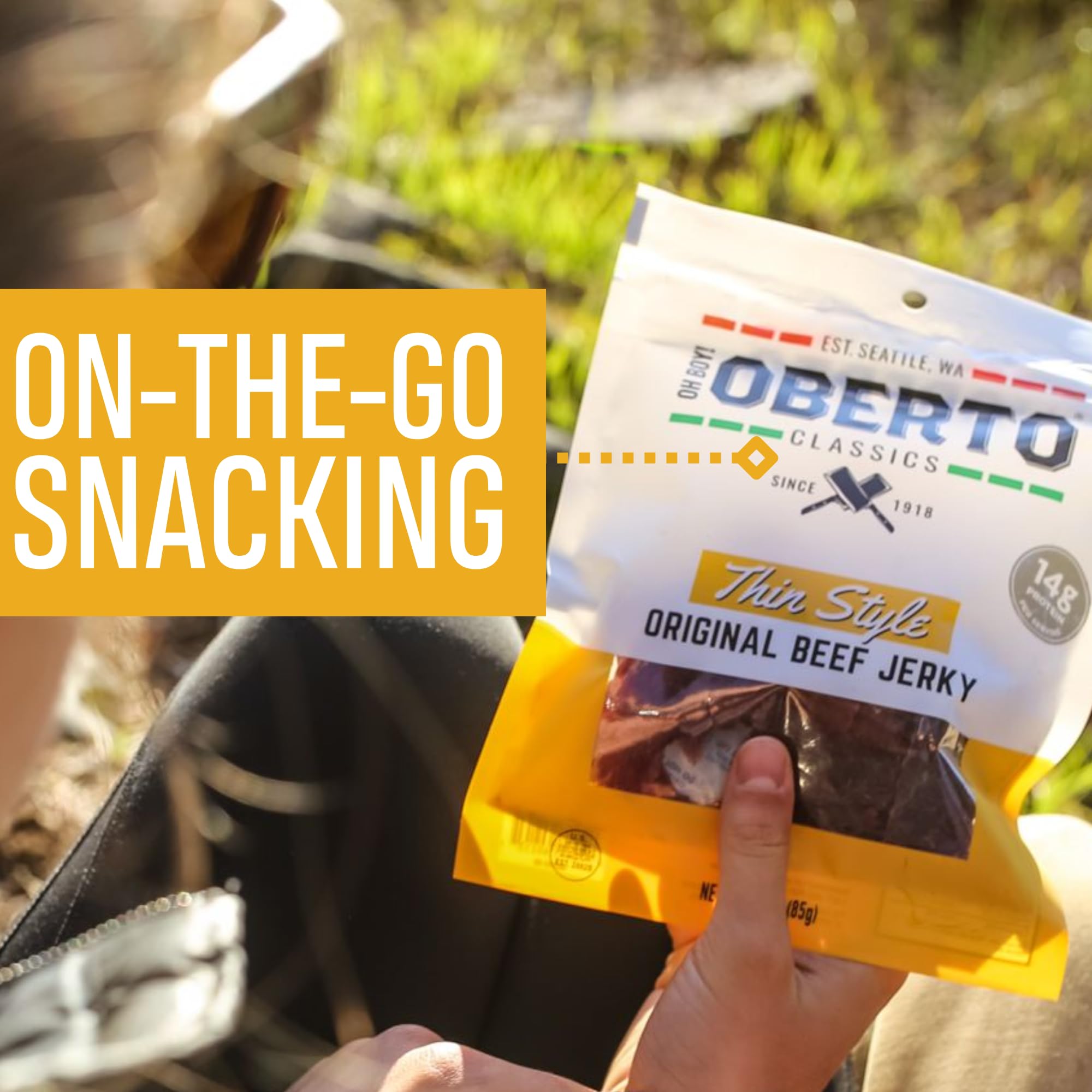 Oberto Original Beef Jerky pack in hand—great road-trip snack.