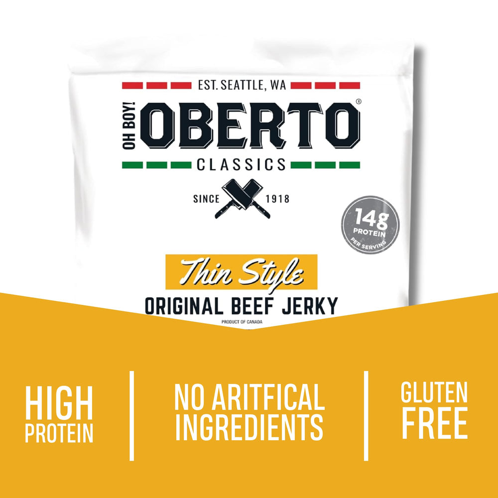 Oberto Wood Smoked Beef Jerky slices close-up—rich aroma and tender chew.