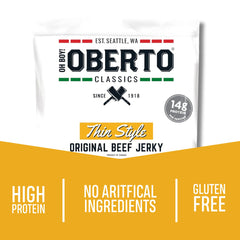 Oberto Wood Smoked Beef Jerky slices close-up—rich aroma and tender chew.