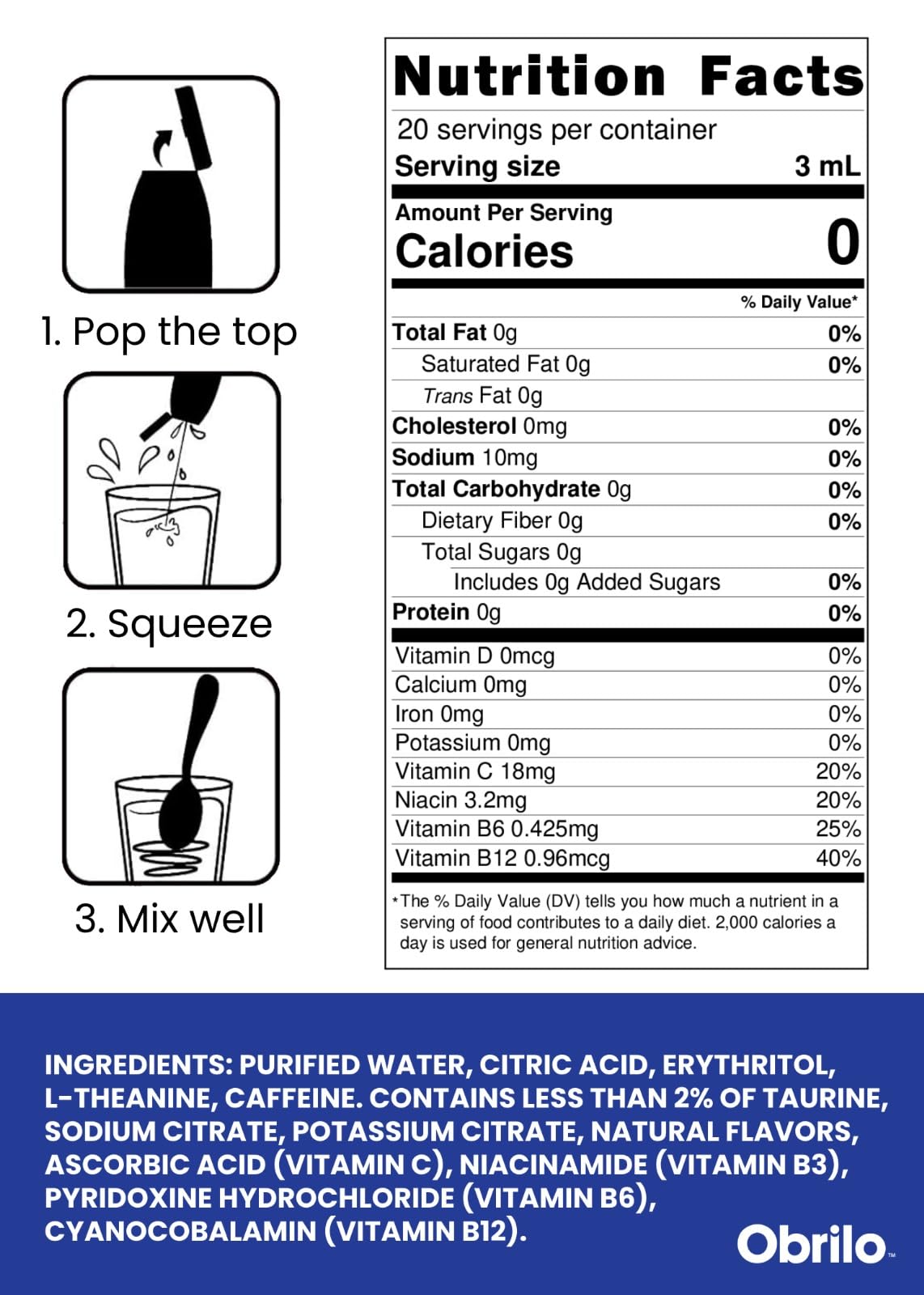 Close-up of Obrilo label highlights L-theanine, taurine, and natural flavors