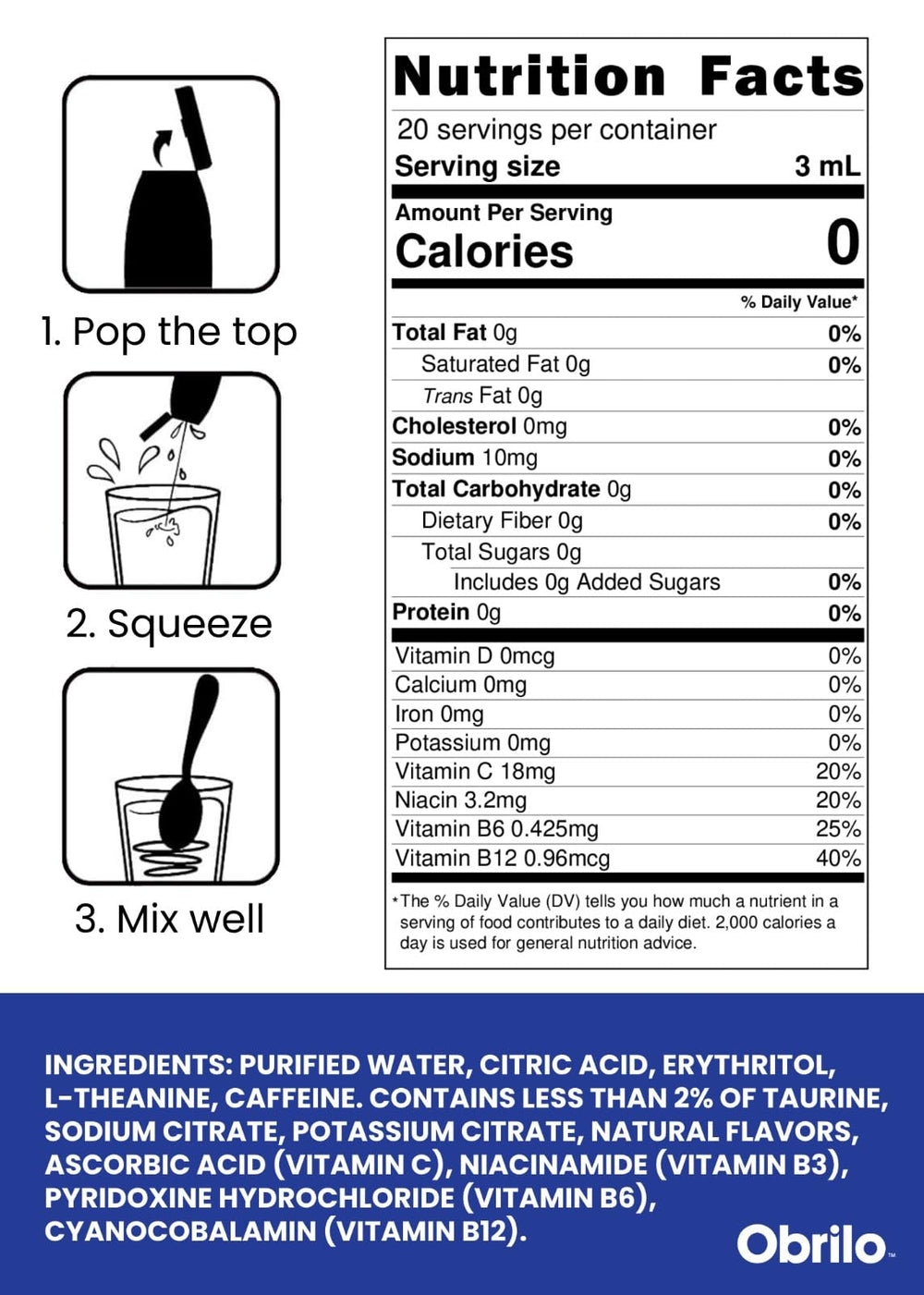 Close-up of Obrilo label highlights L-theanine, taurine, and natural flavors