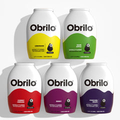 Obrilo Water Enhancer bottle close-up highlighting zero sugar flavor