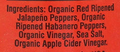 Close-up of O'Brothers Organics habanero hot sauce label and branding