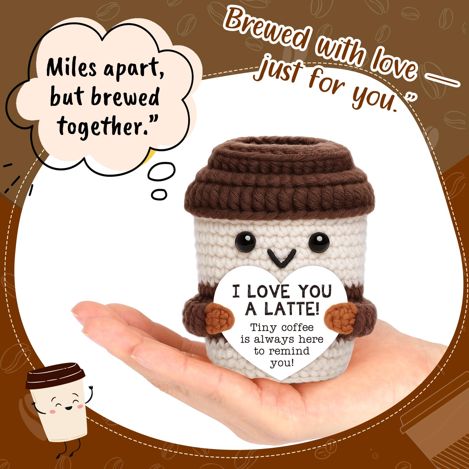 OCCdesign crochet coffee decor on desk adds warm, cozy coffee shop vibe.