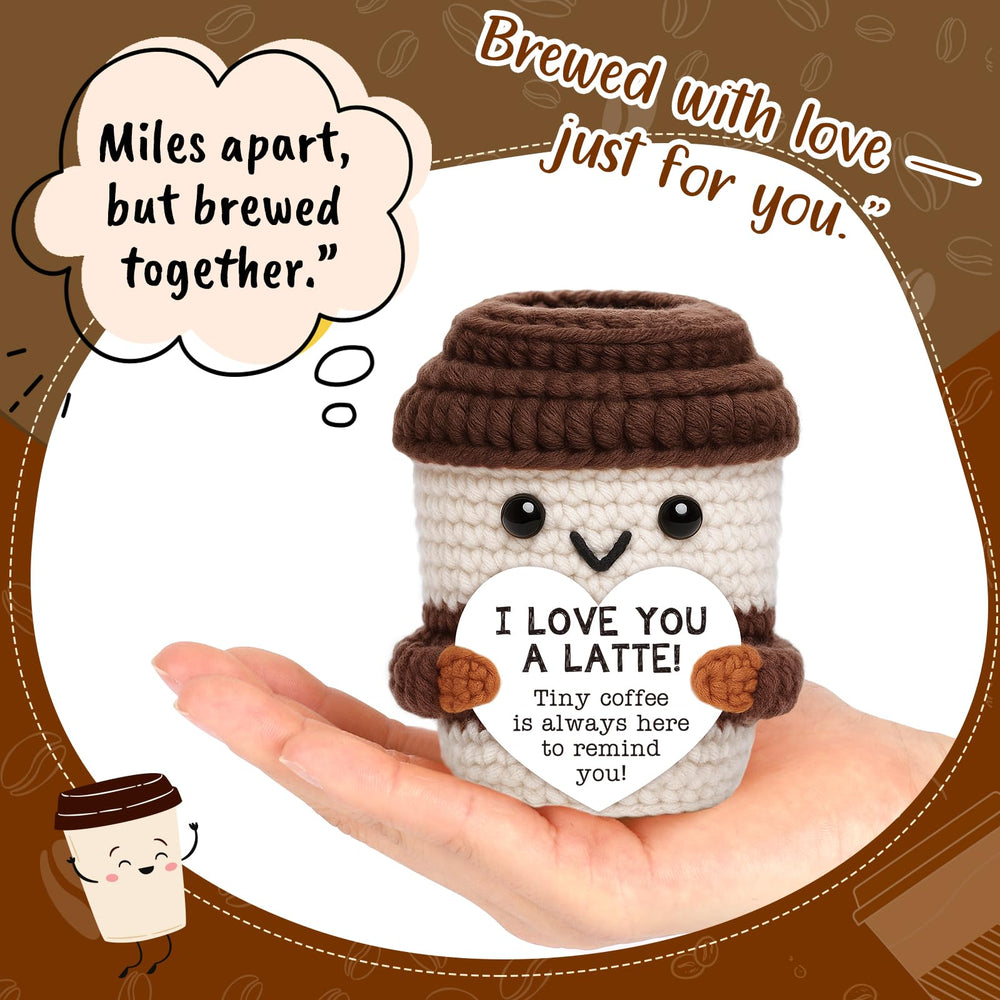 OCCdesign crochet coffee decor on desk adds warm, cozy coffee shop vibe.