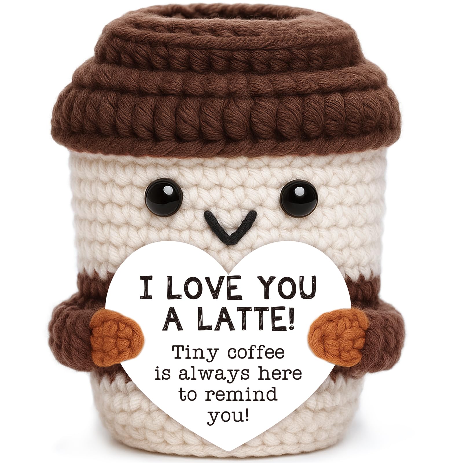 OCCdesign mini anniversary crochet coffee gift on display for romantic desk decor.