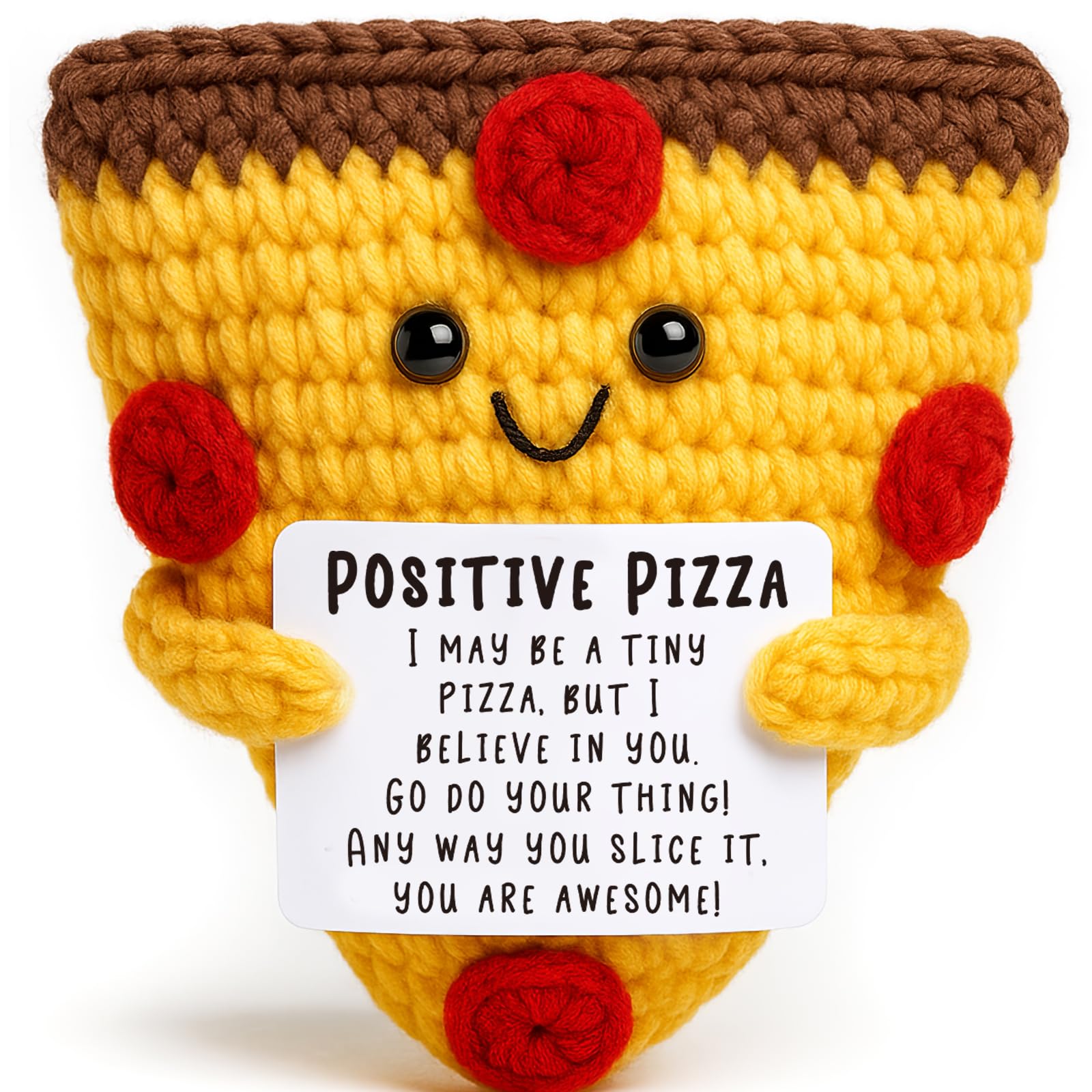 OCCDesign mini crochet pizza slice close-up adds desk cheer with cozy handmade charm.