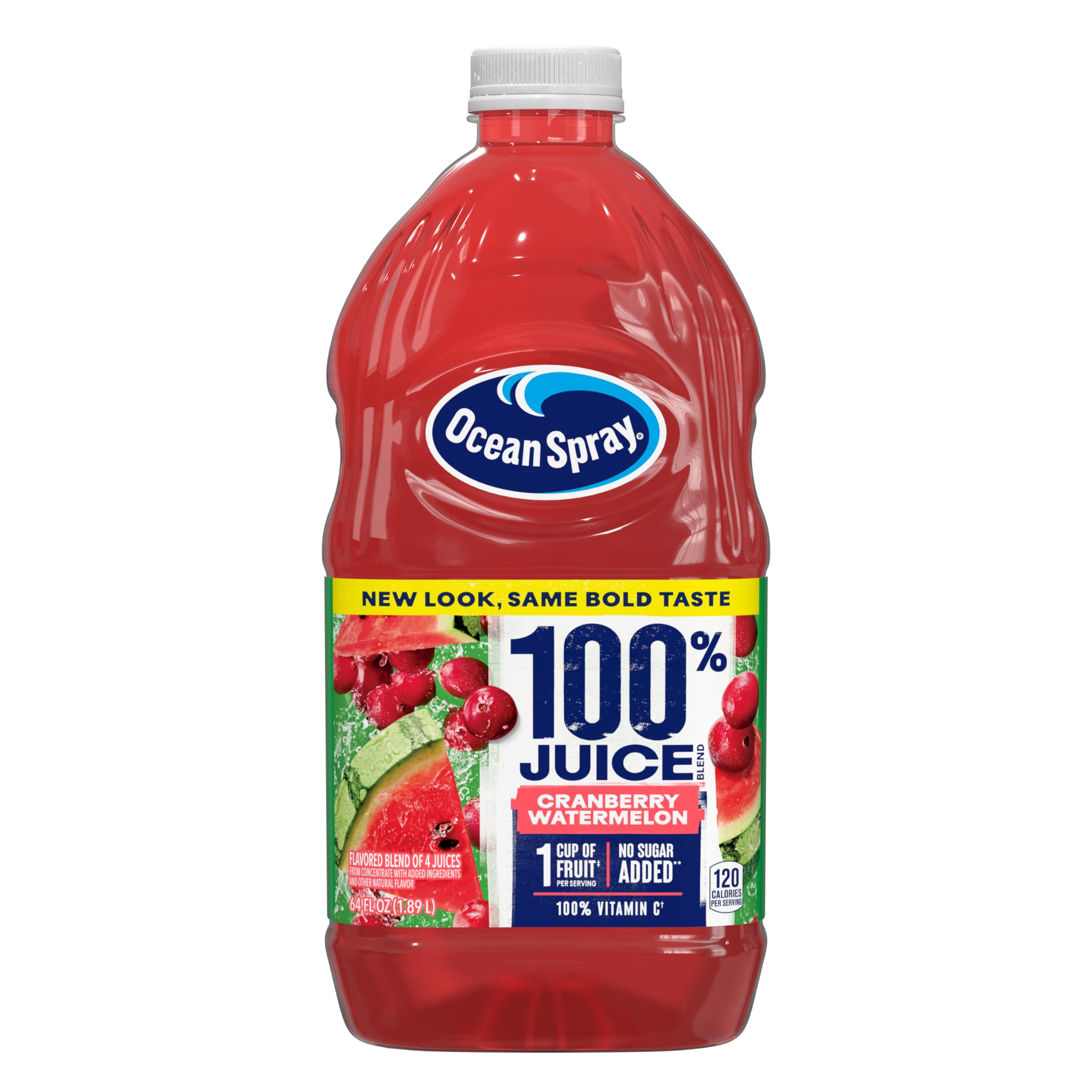 Ocean Spray cranberry-watermelon juice bottle front, four-fruit blend.