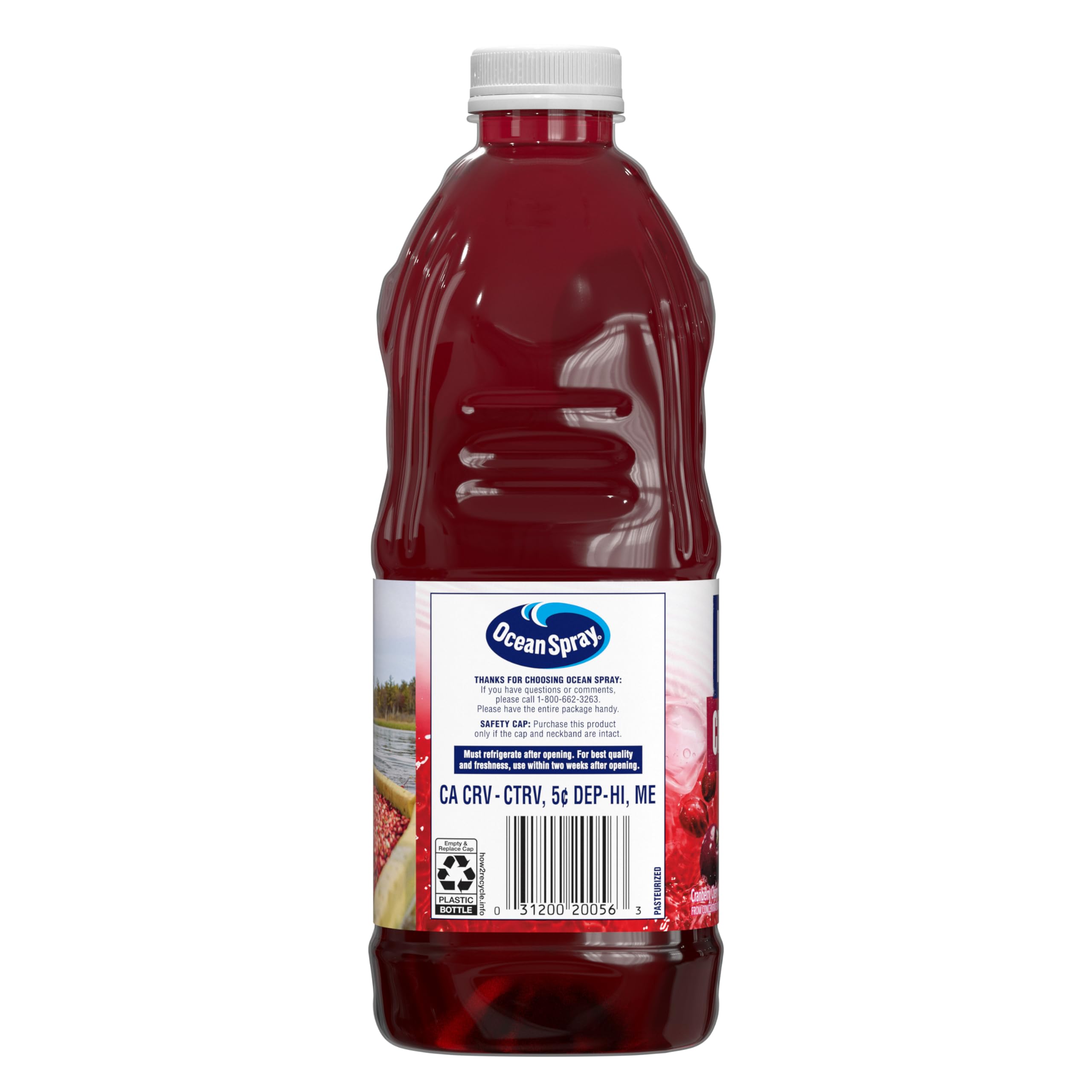 Close-up of label highlighting low calories and vitamin C