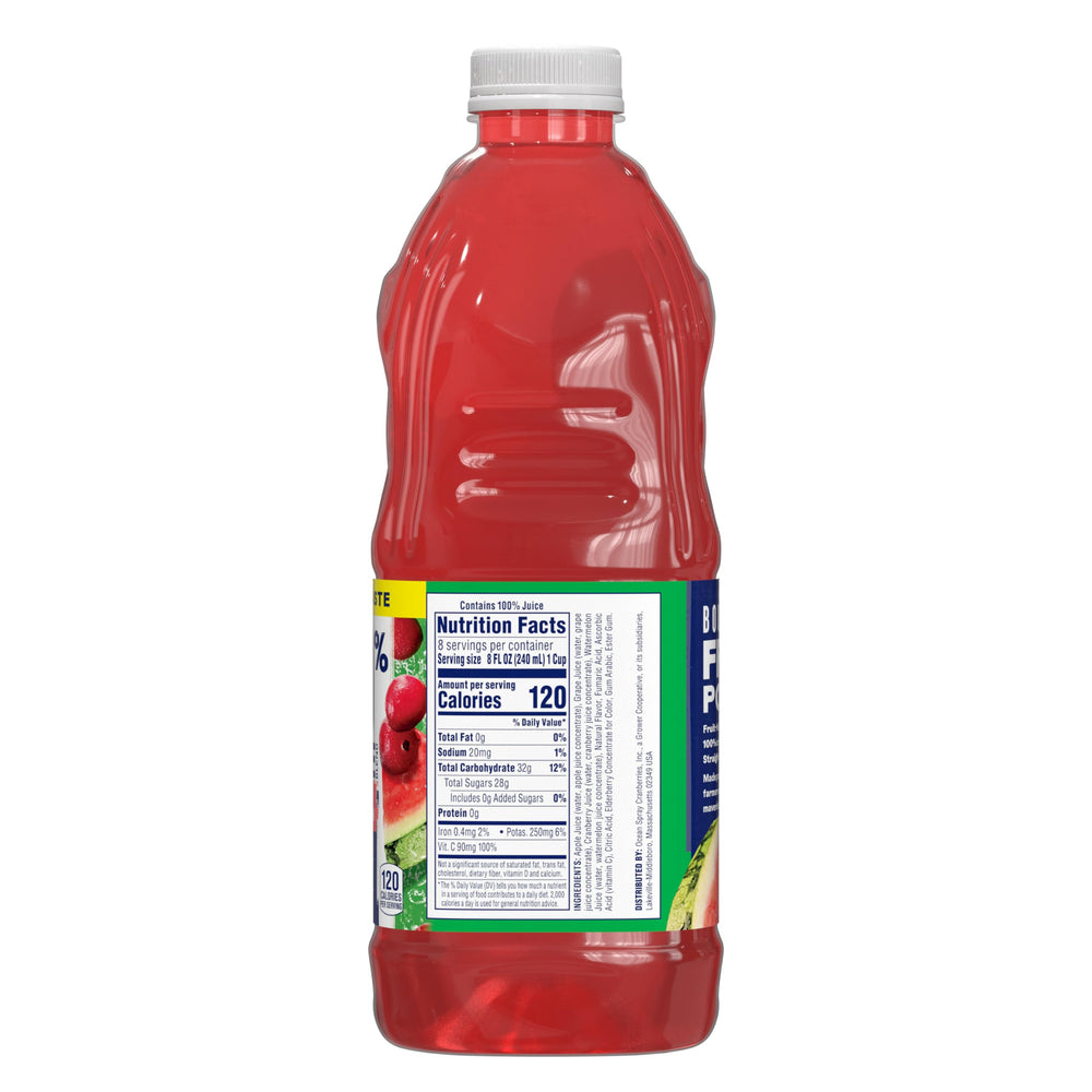 Close-up of Ocean Spray label highlights 100% juice and no added sugar.