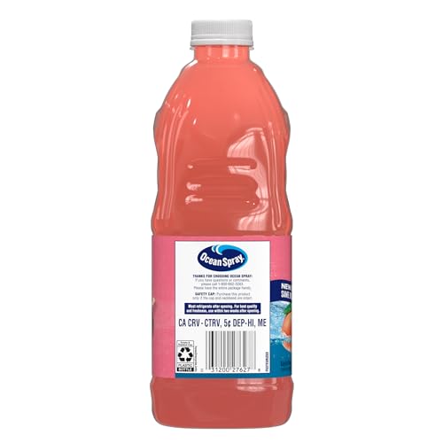 Close-up of Ocean Spray logo on Ruby Red Grapefruit Juice bottle highlighting real fruit
