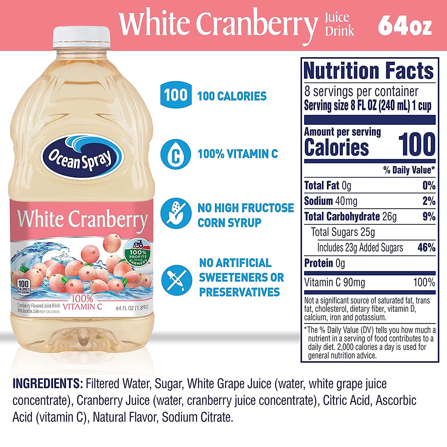 Ocean Spray White Cranberry label close-up highlighting vitamin C content