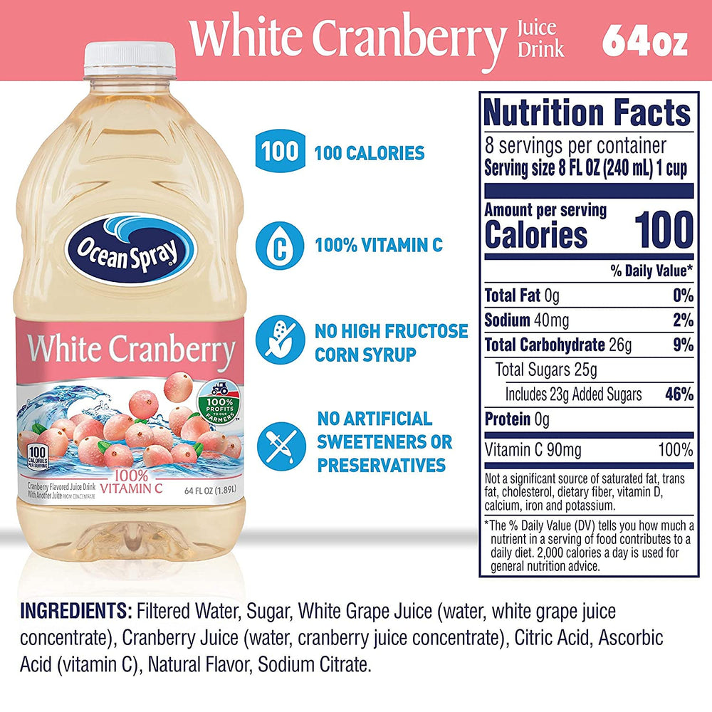 Ocean Spray White Cranberry label close-up highlighting vitamin C content
