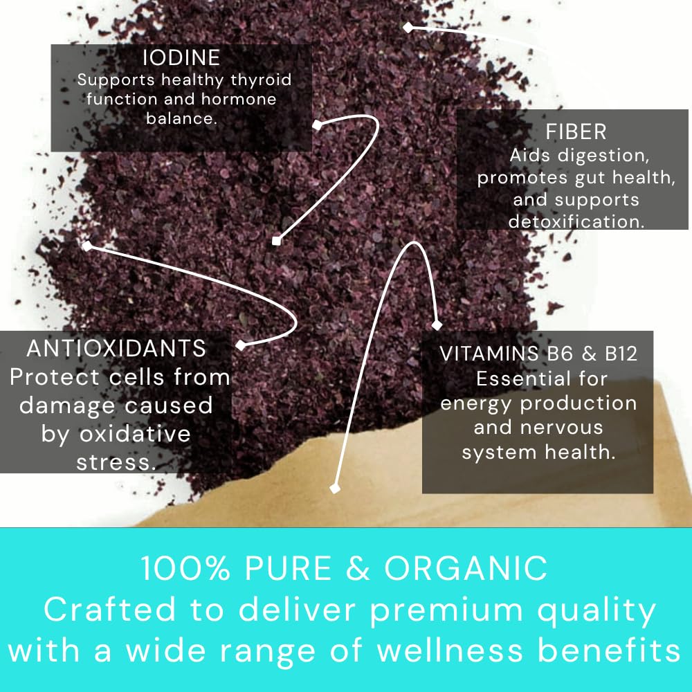 Nutrition panel on Ocean's Balance Dulse flakes underscores minerals like iodine and iron.