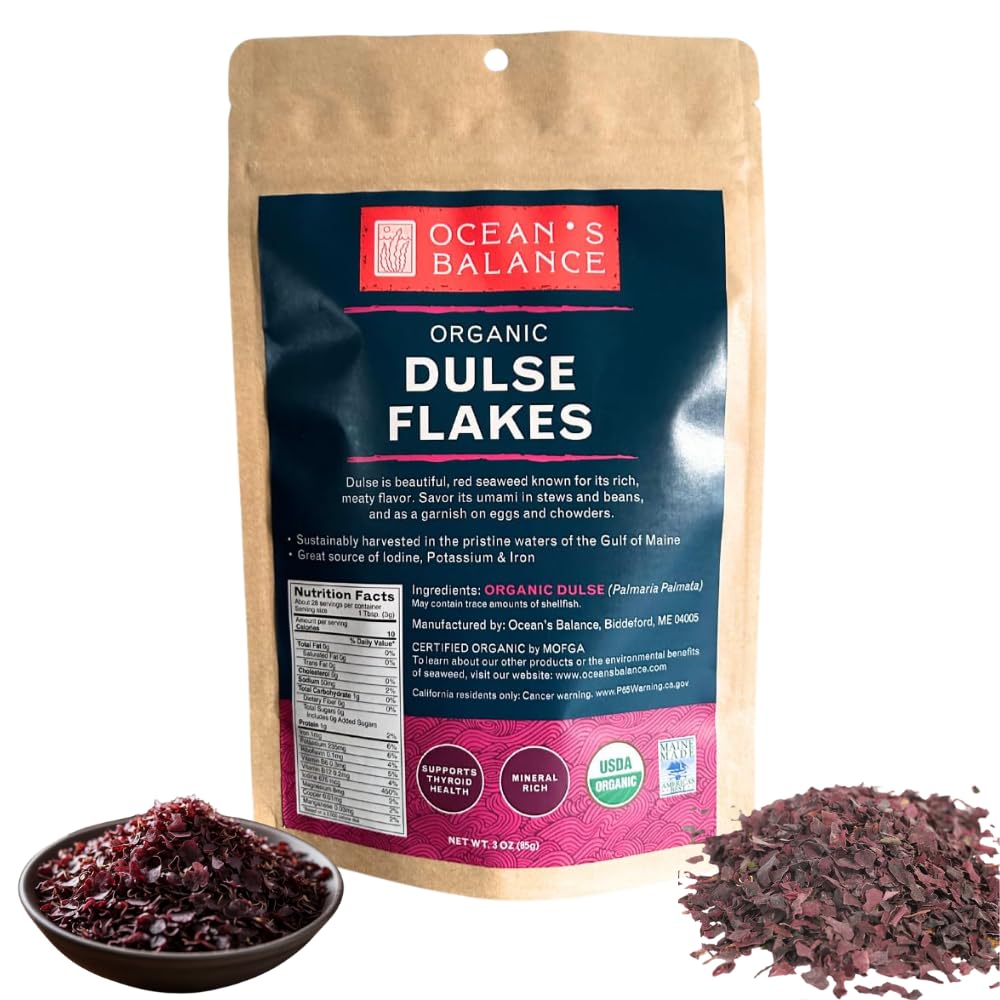 Ocean's Balance Dulse flakes bag front shows smoky flavor enhancer for meals.