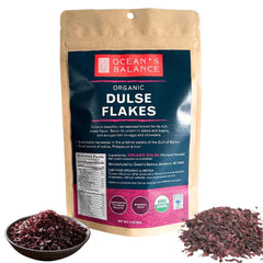 Ocean's Balance Dulse flakes bag front shows smoky flavor enhancer for meals.