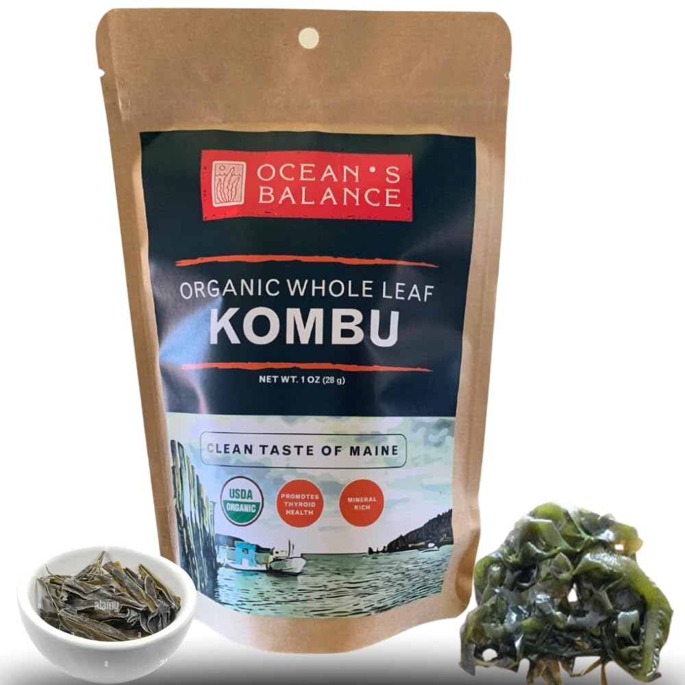 Ocean's Balance organic kombu whole-leaf 1oz pack, ideal for flavorful broths.