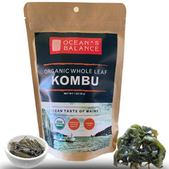 Ocean's Balance organic kombu whole-leaf 1oz pack, ideal for flavorful broths.