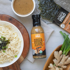 Ocean's Halo Ginger Sesame Vinaigrette being poured, enhances meals with flavor