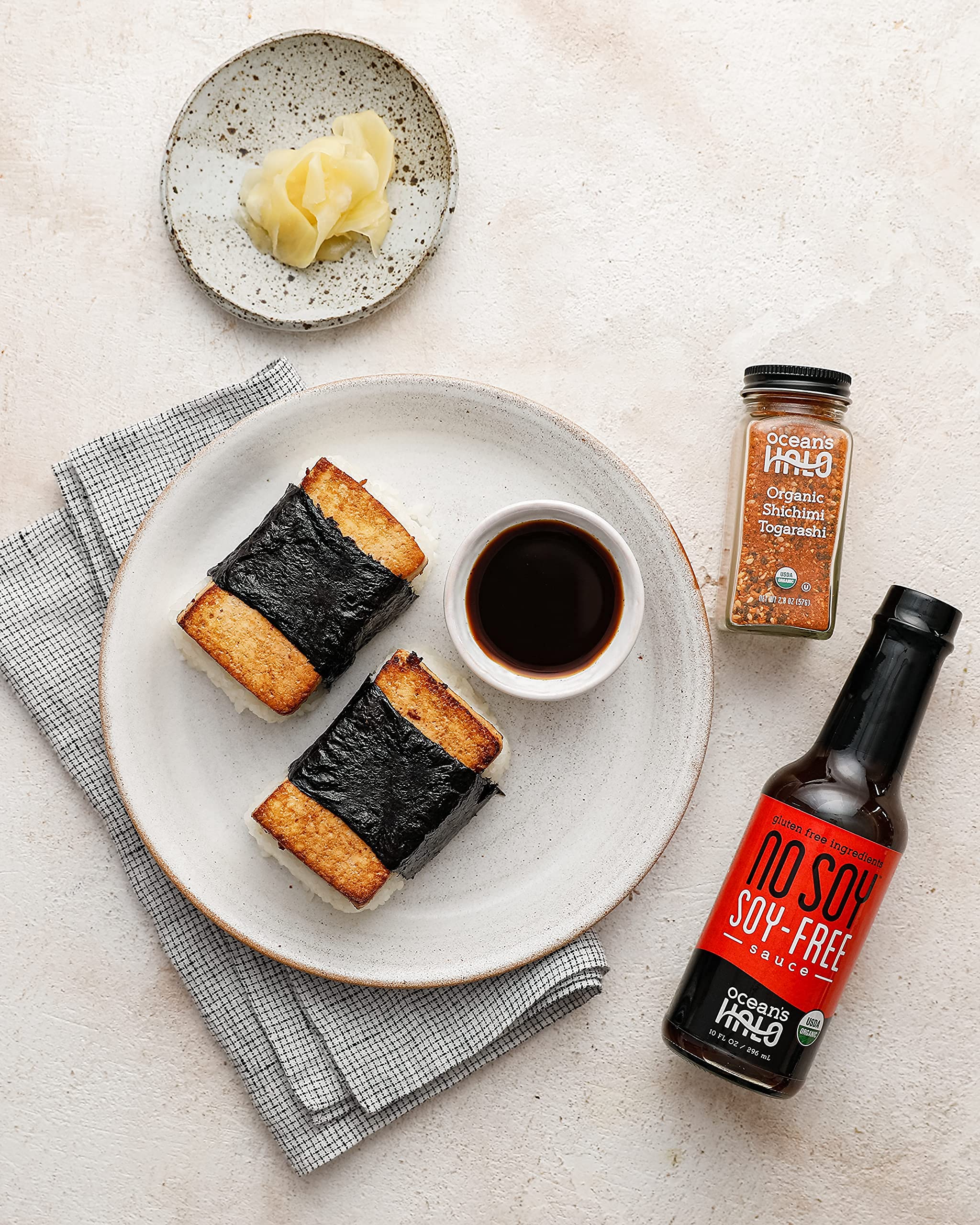 Ocean's Halo No Soy sauce label featuring soy-free symbol for dietary flexibility.