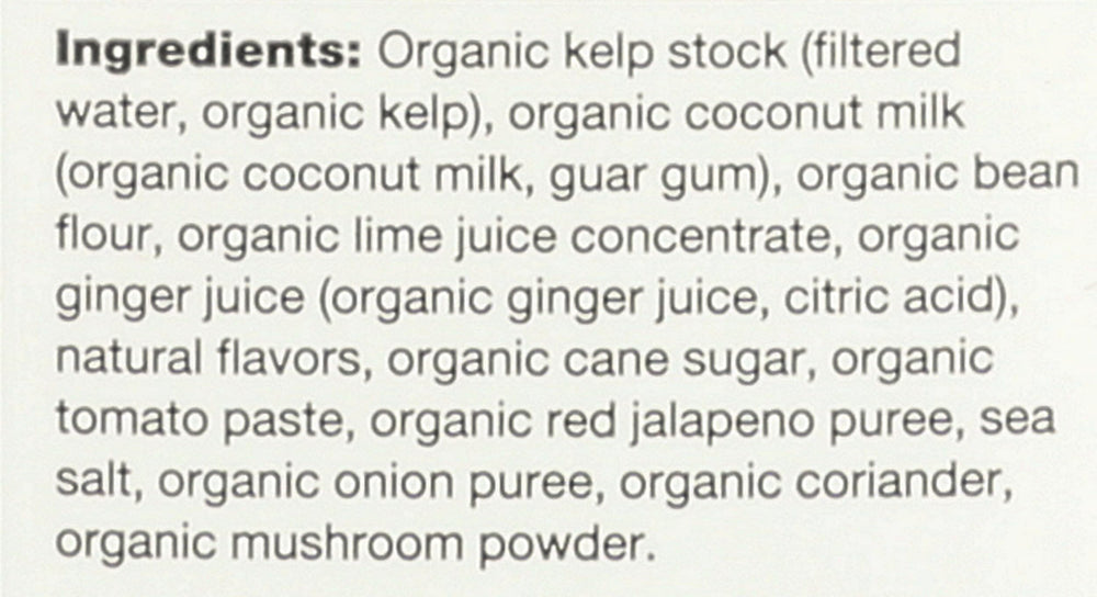Ocean's Halo organic ingredients label close-up, emphasizes kelp-driven umami and sustainability.