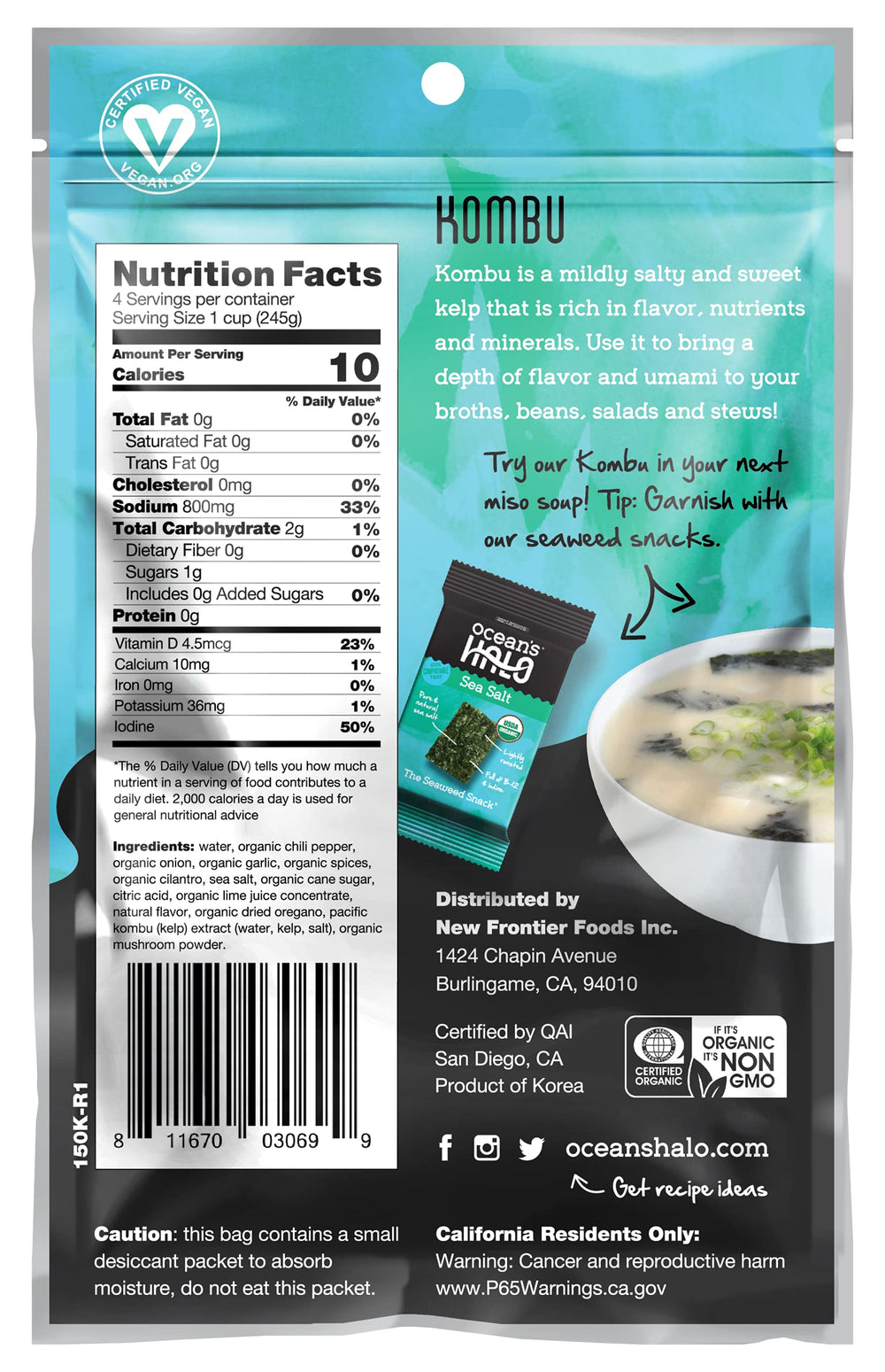Ocean's Halo packaging shows organic seaweed for clean, flavorful additions.