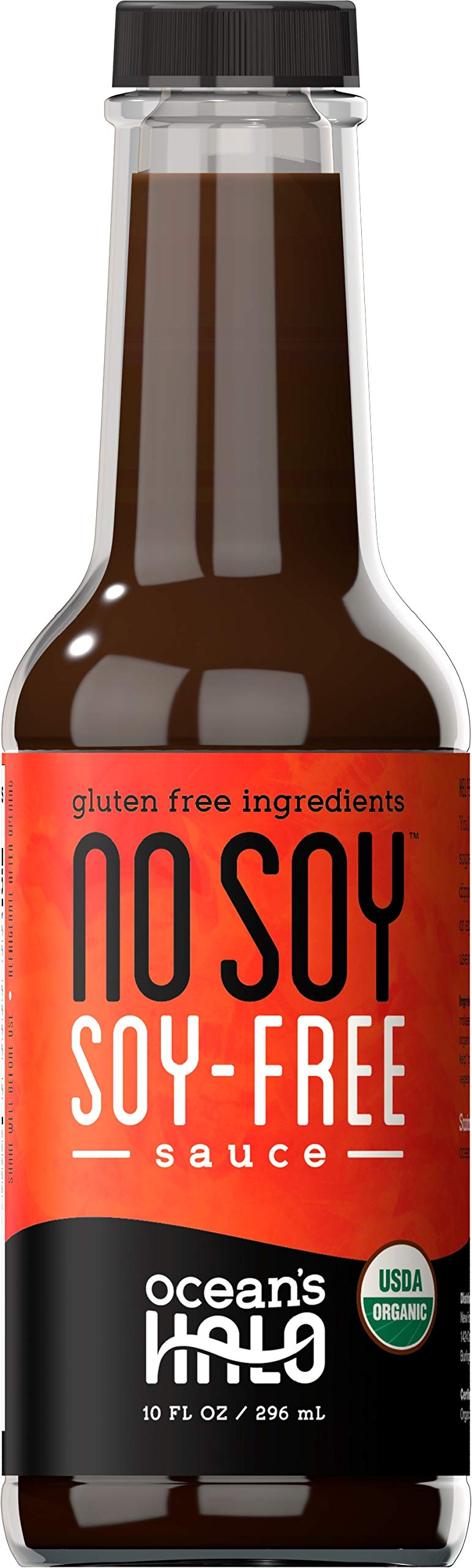 Ocean's Halo Organic No Soy Sauce bottle on kitchen counter, showcasing organic packaging and label.