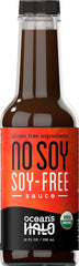 Ocean's Halo Organic No Soy Sauce bottle on kitchen counter, showcasing organic packaging and label.