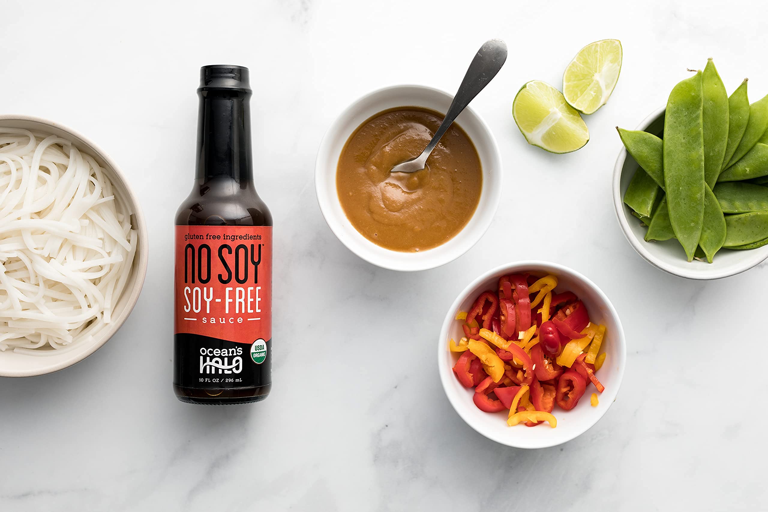 Ocean's Halo sauce icon showing vegan and gluten-free attributes on the label.