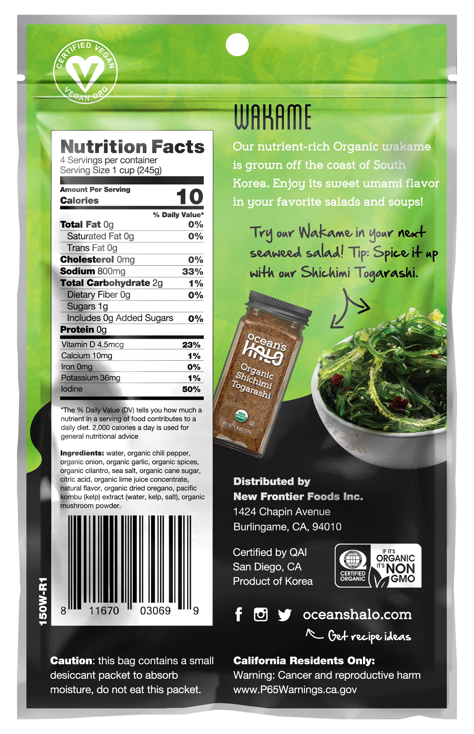 Closeup of Ocean's Halo Wakame Strips texture reveals tender, umami-rich seaweed.