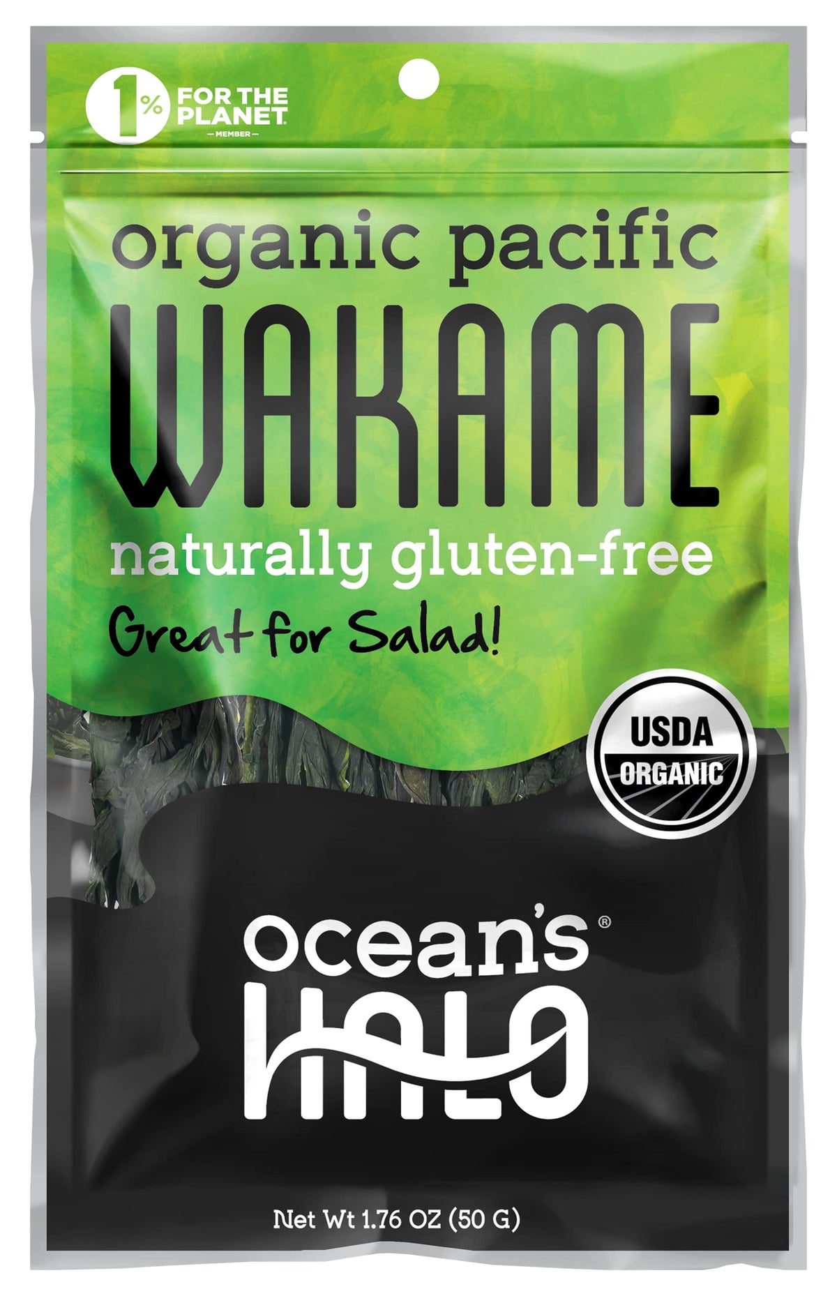 Ocean's Halo Organic Wakame Strips packaging shows premium seaweed for quick meals.