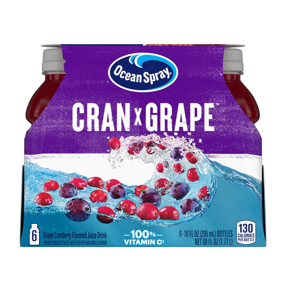 Ocean Spray Cran-Grape bottle front view in six-pack for on-the-go refreshment.