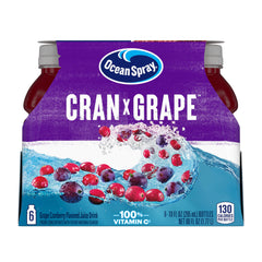 Ocean Spray Cran-Grape bottle front view in six-pack for on-the-go refreshment.