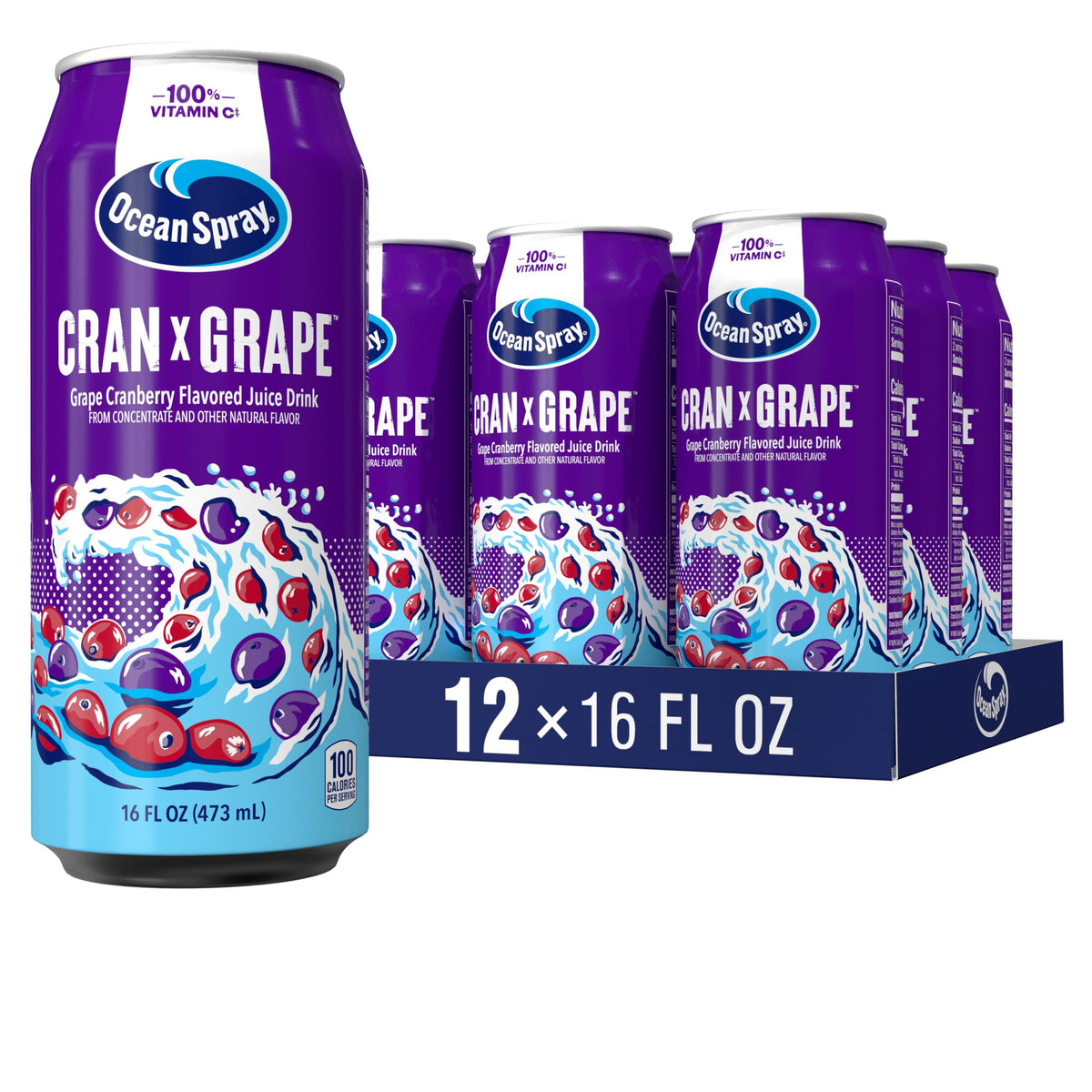 Ocean Spray Cran-Grape can front view showing bold flavor and convenient 16oz size.