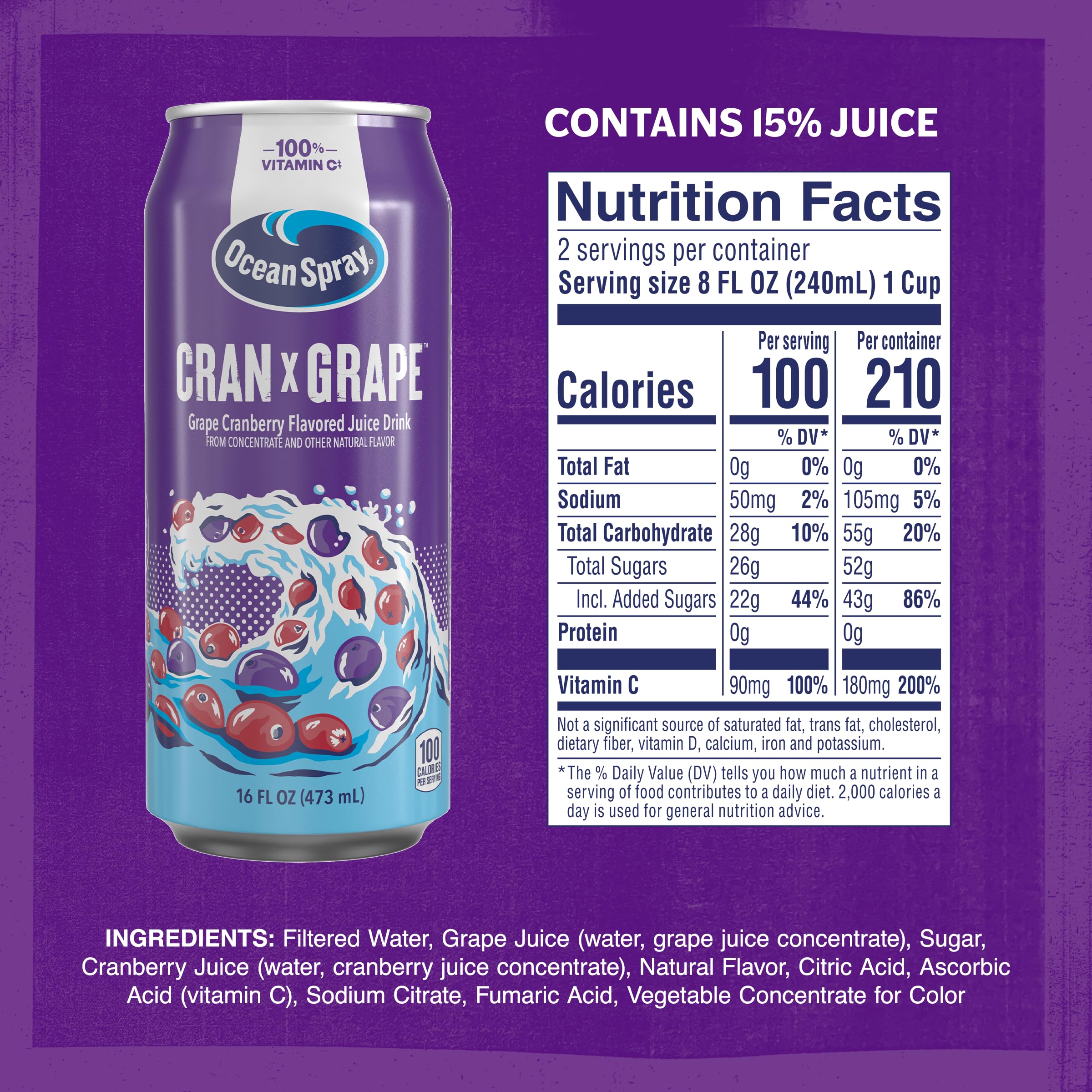Ocean Spray Cran-Grape being poured into a glass to reveal cranberry grape harmony.