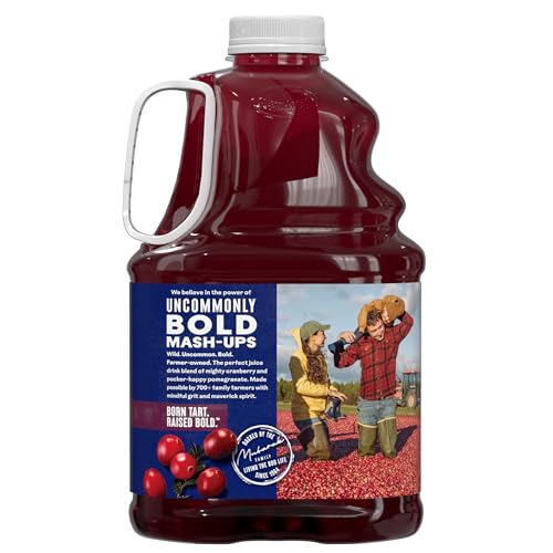 Ocean Spray Cran-Pomegranate bottle on counter suggests convenient family-sized juice option.