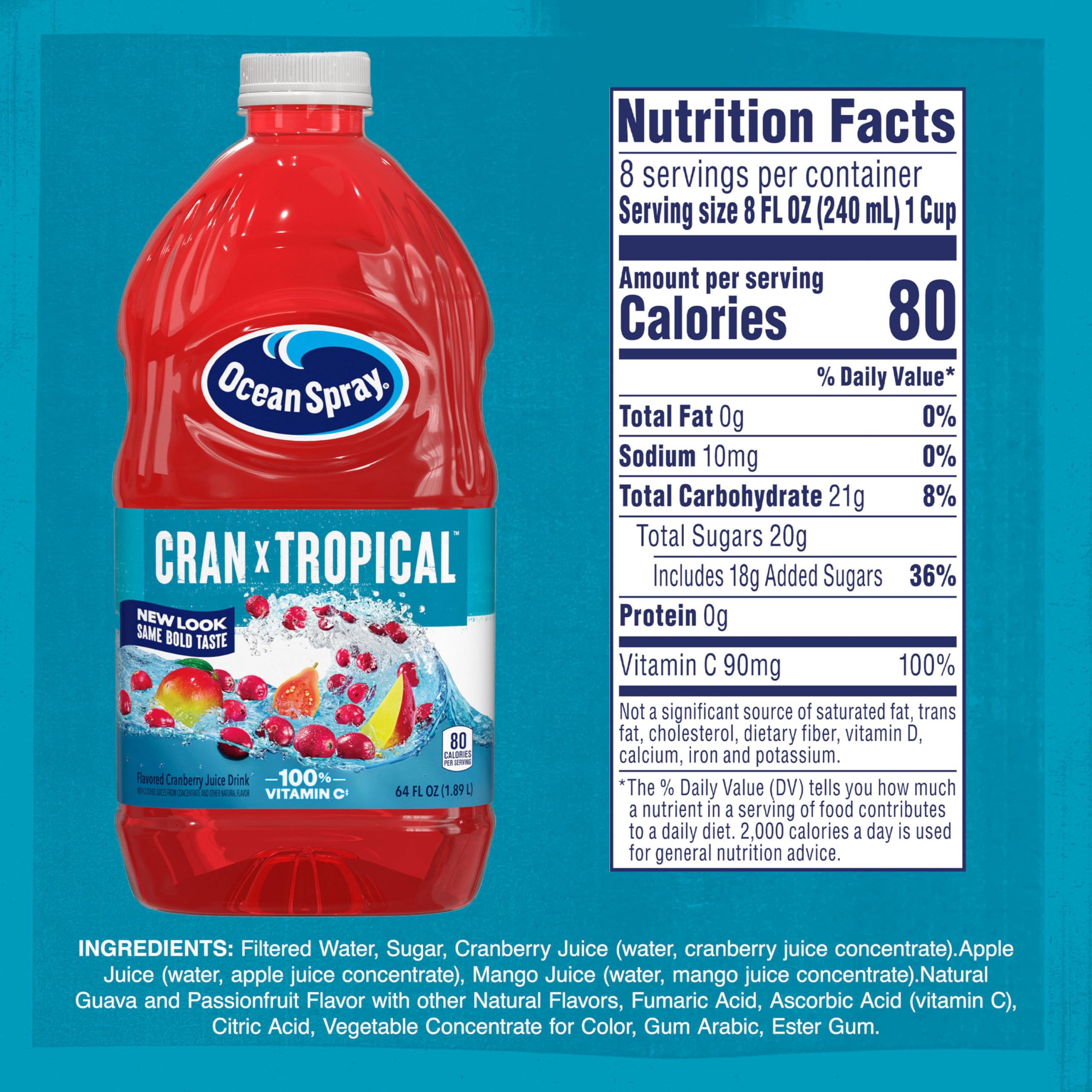 Ocean Spray Cran-Tropical pour showing vibrant color and aroma for serving.