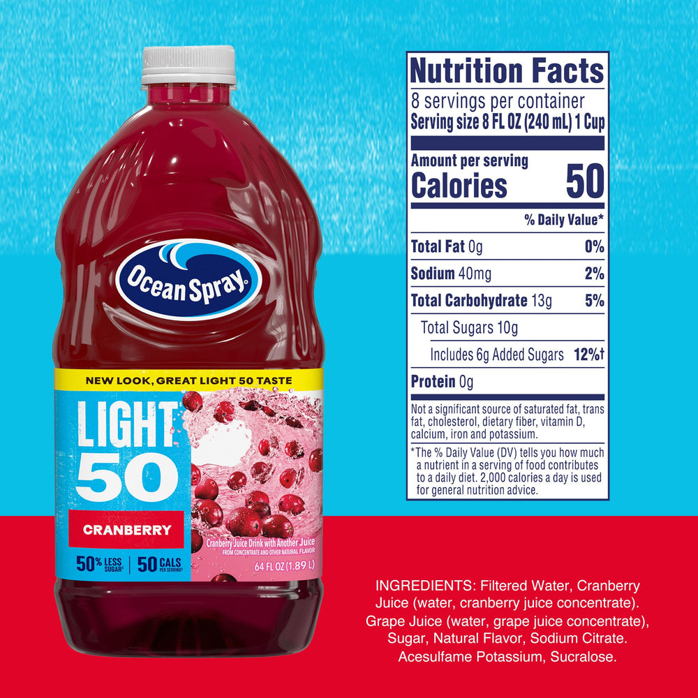 Ocean Spray Cran50 bottle back view showing nutrition information and serving size.