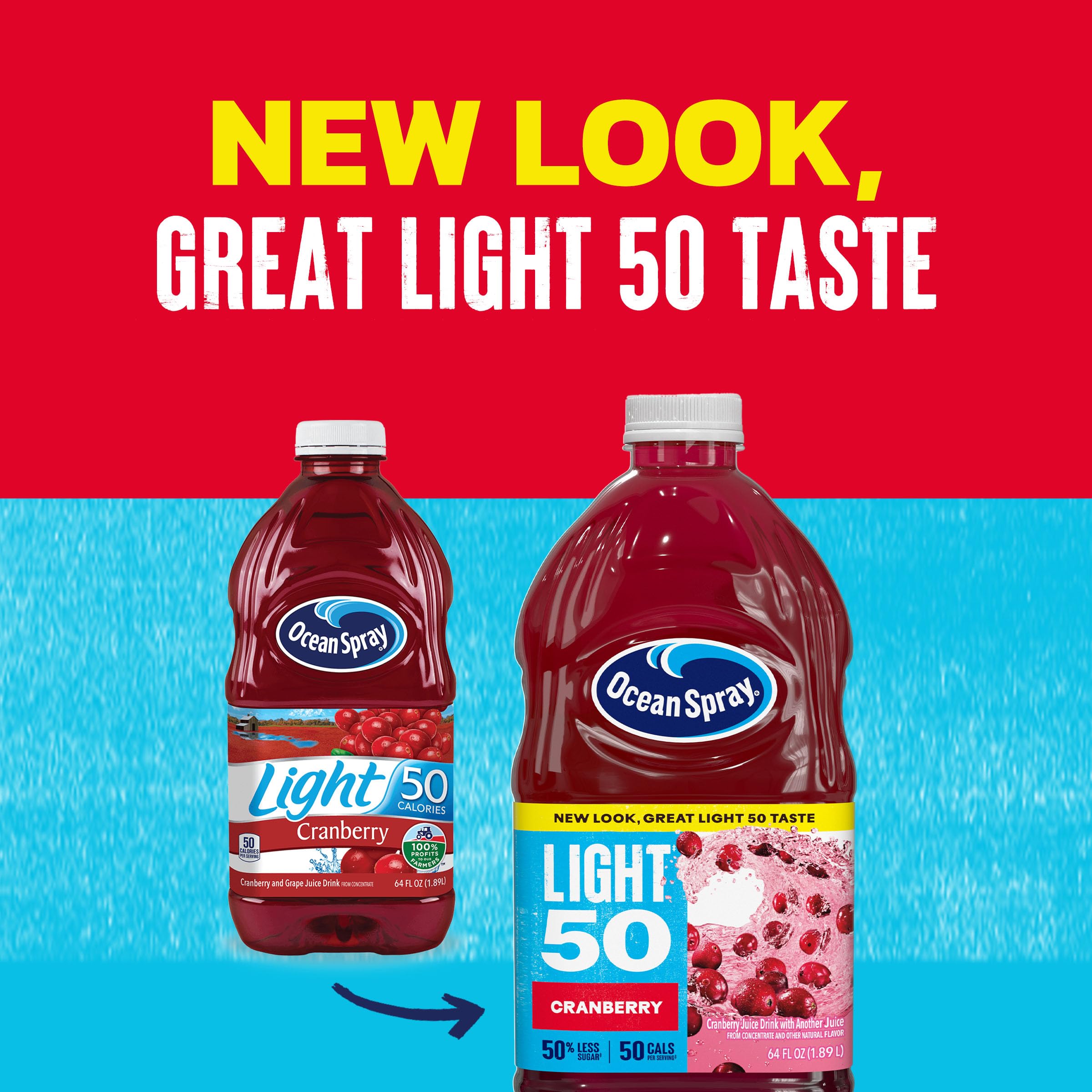 Ocean Spray Cran50 being poured into a glass with ice for refreshment.