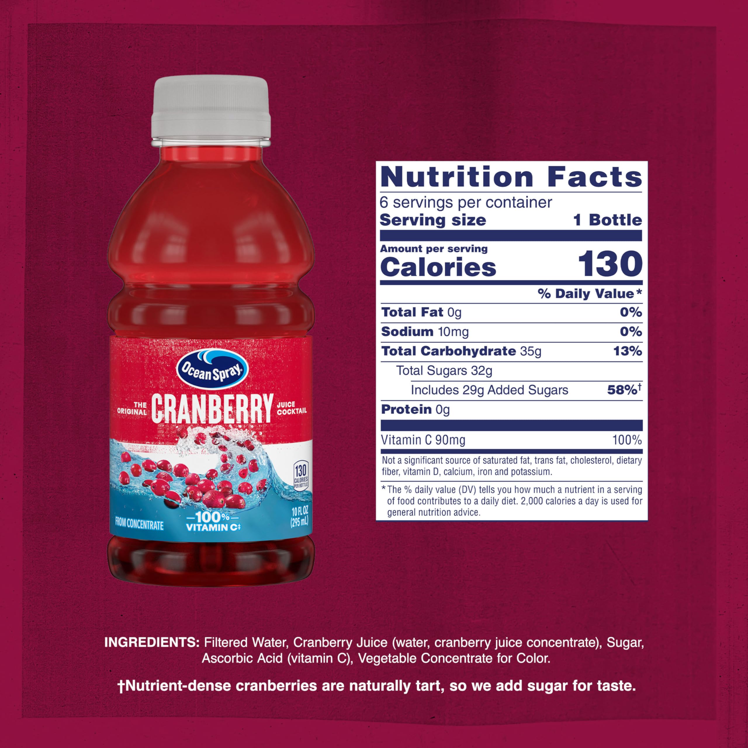 Ocean Spray Cranberry Cocktail bottle pouring into a chilled glass.