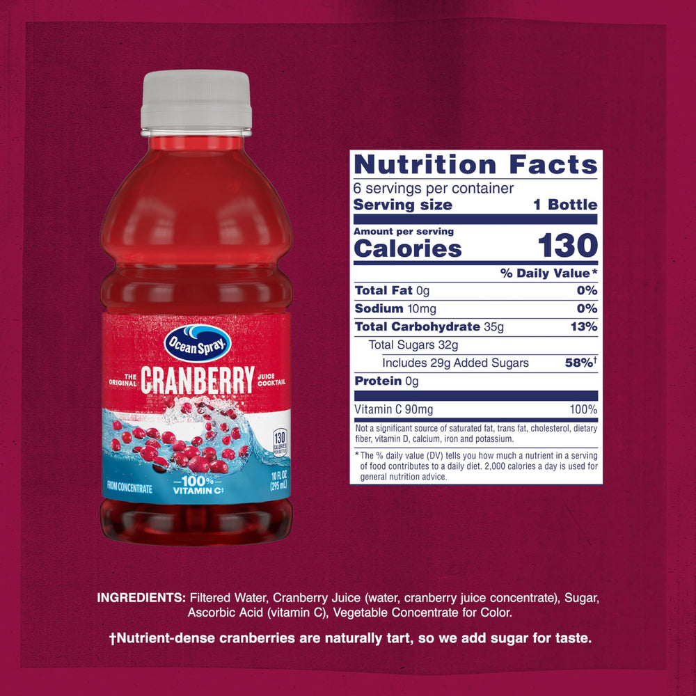 Ocean Spray Cranberry Cocktail bottle pouring into a chilled glass.