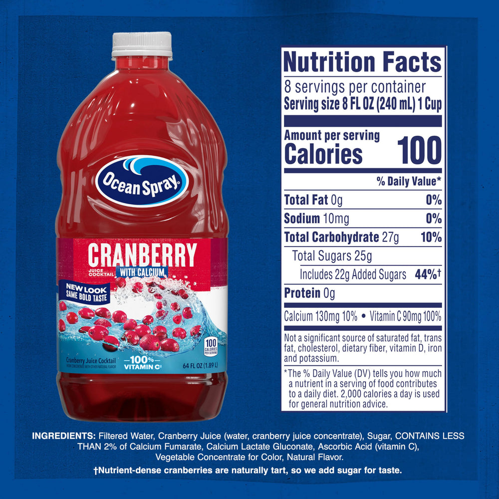 Ocean Spray Cranberry Juice Cocktail bottle over ice, a refreshing cold serve.